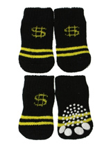 Black / Yellow ''Dollar'' Pet Socks - These fun and functional doggie socks protect your dogs paws from mud, snow, ice, hot pavement, hot sand and other extreme weather. Made from 95% cotton & 5% spandex making them comfortable and secure. Each sock features a paw shaped anti-slip silica pad & help keep your house sanitary.