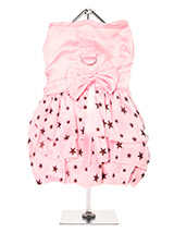 Starry Night Dress - This is an exquisite designer harness dress. Made from highest quality pink satin and three tiers of delicate white chiffon skirting printed with black stars. As a finishing touch a beautiful pink satin bow surrounds the waist. This beautiful dress set comes complete with a matching lead which can b...