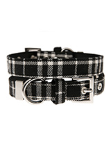 Black & White Tartan Fabric Collar - Our Black & White Tartan collar is a traditional design which is stylish, classy and never goes out of fashion. It is lightweight and incredibly strong. The collar has been finished with chrome detailing including the eyelets and tip of the collar. A matching lead, harness and bandana are available...