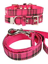 Fuschia Pink Tartan Fabric Collar & Lead Set - Our Fuschia Pink Checked Tartan collar and lead set is a traditional design which is stylish, classy and never goes out of fashion. It is lightweight and incredibly strong. The collar has been finished with chrome detailing including the eyelets and tip of the collar. A matching lead, harness and ba...