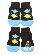 Brown & Blue Argyle Pet Socks - These fun and functional doggie socks protect your dogs paws from mud, snow, ice, hot pavement, hot sand and other extreme weather. Made from 95% cotton & 5% spandex making them comfortable and secure. Each sock features a paw shaped anti-slip silica pad & help keep your house sanitary. (set of 4).