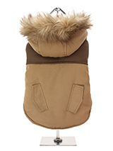 Faux Fur Brown Two Tone Parka - This two toned parka coat is cosy and stylish and bang on trend. It has a faux fur trimmed hood and is fleece lined to keep your dog snug and warm. Perfect for the dog that likes a bit of rough and tumble, a quality, multi-layered piece of clothing that will keep the heat in and the cold out. Our cl...
