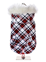 Red & White Plaid Tartan Fish Tail Parka - This plaid tartan fish tail parka is inspired by the traditions of the Highlands of Scotland. It is a quality, multi-layered piece of clothing that will keep the heat in and the cold out. Our classic collection of Parka coats and accessories will see your dog through the season ahead and beyond. It...
